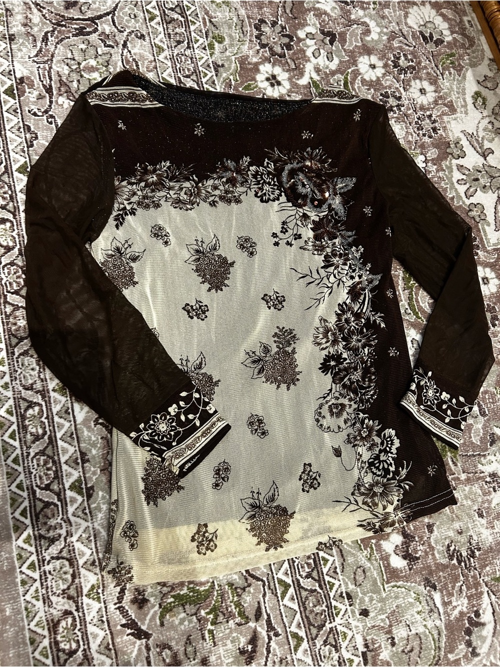 Vintage mesh top with beaded flower embroidery